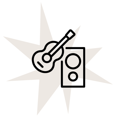 Hearing icon featuring a guitar and speakers, symbolizing music and sound